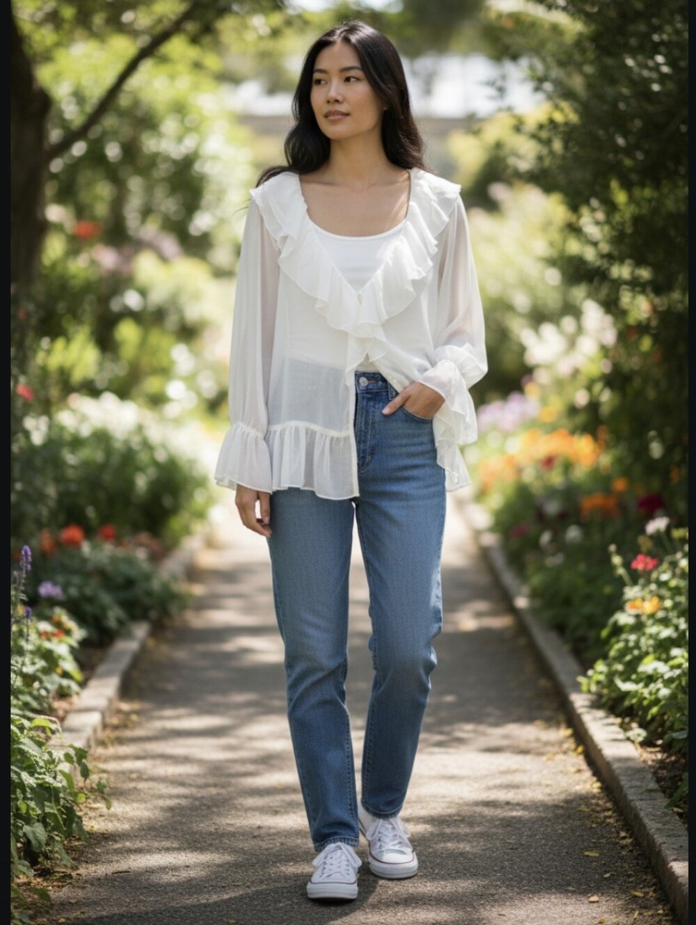 Altered State White Sheer Ruffle Blouse Size L